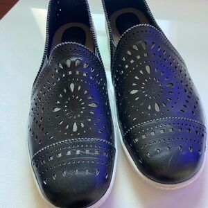 Earth Black Loafers Slip-On Shoes with Perforated Design for Women
